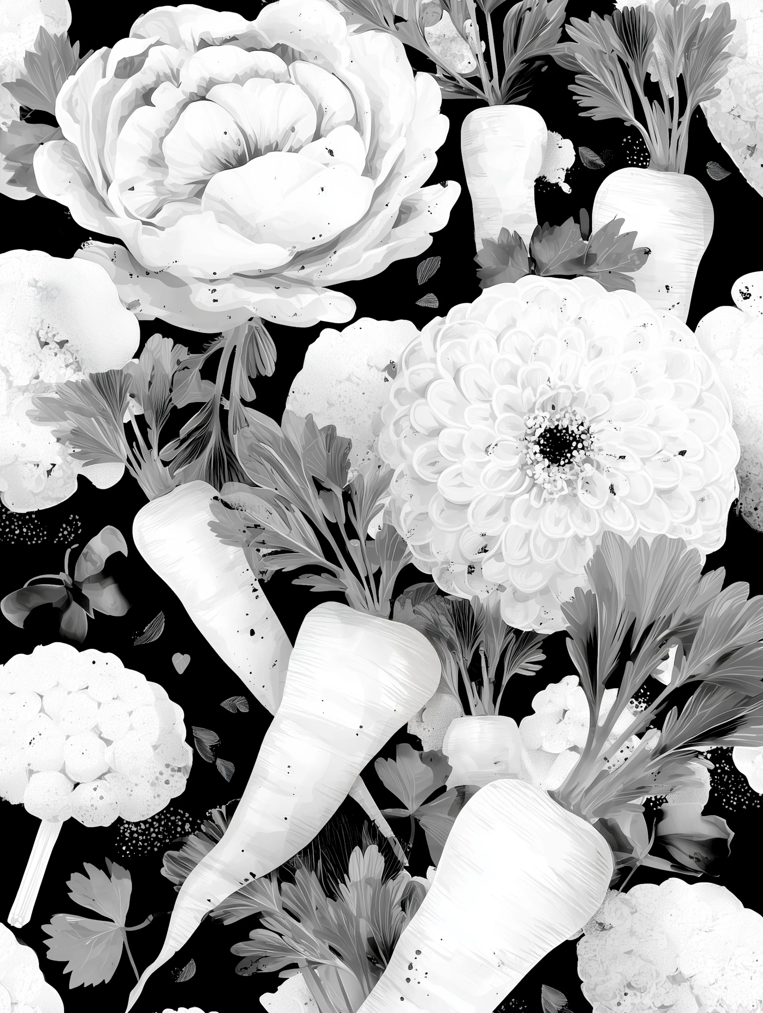 Free printable carrot coloring page for adults featuring jumble of flowers and carrots